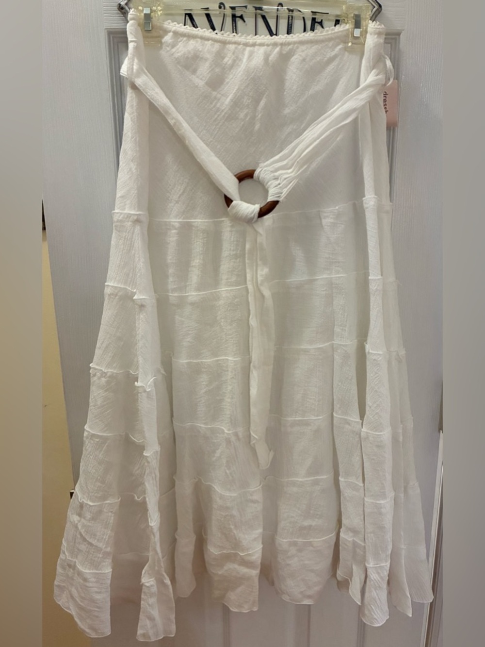 dressbarn White Tiered Maxi Skirt with Wooden Ring Belt Waist Detail